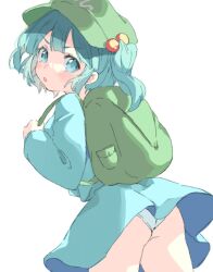 Rule 34 | 1girl, aqua shirt, aqua skirt, ass, backpack, bag, blue eyes, blue hair, blush, commentary request, cowboy shot, flat cap, green hat, hair bobbles, hair ornament, hat, kawashiro nitori, long sleeves, looking at viewer, medium hair, open mouth, panties, paragasu (parags112), revision, shirt, simple background, skirt, solo, touhou, two side up, underwear, wedgie, white background, white panties