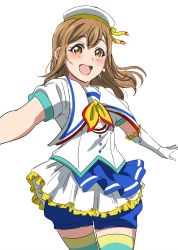 Rule 34 | 1girl, :d, aozora jumping heart, blue shorts, blush, brown eyes, brown hair, cowboy shot, elbow gloves, gloves, hat, hat ribbon, highres, kunikida hanamaru, looking at viewer, love live!, love live! sunshine!!, neckerchief, open mouth, outstretched arms, ribbon, short sleeves, shorts, shorts under skirt, simple background, smile, solo, spread arms, striped clothes, striped thighhighs, thighhighs, vorupi, white background, white gloves, white hat, yellow neckerchief, yellow ribbon