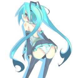 Rule 34 | 1girl, aqua hair, ass, bent over, hatsune miku, kanikama, long hair, panties, pantyshot, solo, striped clothes, striped panties, thighhighs, twintails, underwear, very long hair, vocaloid