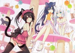 Rule 34 | 10s, 3girls, :o, :p, absurdres, alternate costume, animal ears, arm support, arm up, ass, asymmetrical hair, back, bag, ball, bare shoulders, bell, black cat, black hair, blue eyes, blush, bow, breasts, cat, cat ears, cat tail, clock, clock eyes, closed mouth, collar, cross-laced clothes, date a live, dress, eating, fishnets, food, frilled dress, frills, from side, garter straps, hair bell, hair bow, hair ornament, hairband, hairclip, hand up, heterochromia, high heels, high ponytail, highres, holding, huge filesize, jingle bell, kemonomimi mode, layered dress, leaning forward, leg lift, leg up, legs, legs together, licking, licking finger, lolita hairband, long hair, looking at viewer, looking back, medium breasts, multiple girls, neck bell, official art, on one knee, open mouth, paw print, pink dress, pom pom (clothes), ponytail, purple eyes, purple hair, raised eyebrows, red eyes, ribbon, scan, shoes, short dress, sideboob, sitting, small breasts, socks, spaghetti strap, spread legs, star (symbol), strap slip, strapless, strapless dress, symbol-shaped pupils, tail, tobiichi origami, tokisaki kurumi, tongue, tongue out, toy, tsunako, twintails, uneven twintails, v arms, very long hair, white dress, white hair, yatogami tooka, yellow eyes