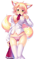 Rule 34 | 1girl, ahoge, animal ears, bad id, bad pixiv id, blonde hair, breasts, cleavage, covered erect nipples, dress shirt, female focus, fox ears, fox tail, frilled skirt, frills, green eyes, large breasts, long hair, looking at viewer, matatabi maru, mouth hold, navel, necktie, original, panties, plaid, plaid necktie, plaid neckwear, plaid skirt, red necktie, shirt, simple background, skirt, solo, striped clothes, striped panties, tail, thighhighs, underwear, unworn skirt, v, white background, white thighhighs