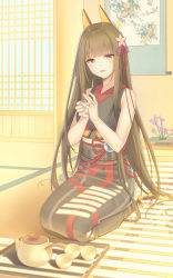 Rule 34 | 1girl, absurdres, akagi (warship girls r), bare shoulders, bell, black kimono, blonde hair, blunt bangs, brown hair, cherry blossoms, cup, flower, hair bell, hair flower, hair ornament, hair ribbon, highres, holding, holding cup, indoors, japanese clothes, jewelry, kimono, long hair, looking at viewer, open mouth, painting (object), red ribbon, ribbon, ring, seiza, shouji, sitting, sleeveless, sleeveless kimono, sliding doors, smile, solo, teacup, teapot, very long hair, warship girls r, wedding band, white legwear, yinqi