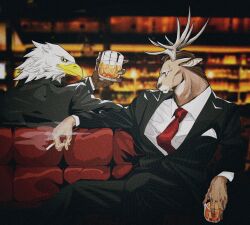 Rule 34 | 2boys, alcohol, animal ears, antlers, bar (place), beak, bird boy, black eyes, black jacket, black pants, black suit, body fur, breast pocket, brown fur, brown hair, cigarette, closed mouth, collared shirt, couch, cup, deer boy, deer ears, drink, feet out of frame, fingernails, formal, furry, furry male, hand up, highres, holding, holding cigarette, holding cup, holding drink, horns, indoors, jacket, llishifu, long sleeves, looking at another, looking at viewer, male focus, multiple boys, necktie, on couch, open clothes, original, pants, pocket, red necktie, sharp fingernails, shirt, short hair, sitting, smoking, striped suit, suit, suit jacket, toasting (gesture), very short hair, white shirt, yellow eyes