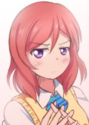 Rule 34 | &gt;:(, 10s, 1girl, absurdres, blush, dot nose, frown, highres, interlocked fingers, looking at viewer, love live!, love live! school idol project, nishikino maki, own hands clasped, own hands together, portrait, purple eyes, red hair, school uniform, short hair, solo, v-shaped eyebrows, yasume yukito