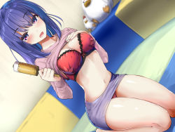 Rule 34 | 1girl, :d, barefoot, blue eyes, blue hair, blurry, blush, bra, breasts, cleavage, clothes lift, collarbone, depth of field, dutch angle, hand on own chest, hands up, highres, holding, indoors, lace, lace-trimmed bra, lace trim, long hair, long sleeves, looking at viewer, medium breasts, miniskirt, nail polish, navel, open mouth, original, paint roller, panties, pencil skirt, pink shirt, purple skirt, red bra, red nails, red panties, seiza, shirt, shirt lift, sitting, skirt, smile, solo, stomach, stuffed chicken, tenrai, thighs, underwear