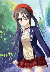 Rule 34 | 1girl, azuma kei, baseball cap, black hair, blue eyes, blue jacket, blush, breasts, bush, cat, collarbone, commentary request, cowboy shot, day, dot nose, glasses, hat, highres, idolmaster, idolmaster shiny colors, jacket, long hair, long sleeves, looking at viewer, mitsumine yuika, outdoors, parted bangs, pleated skirt, red skirt, shirt, skirt, small breasts, smile, solo, standing, suspenders
