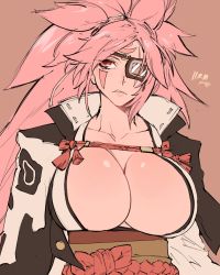 Rule 34 | 1girl, amputee, baiken, big hair, black jacket, black kimono, breasts, brown background, cleavage, commentary, commentary request, english commentary, eyepatch, facial tattoo, facing viewer, guilty gear, guilty gear xrd, highres, jacket, jacket on shoulders, japanese clothes, kataginu, kenshin187, kimono, large breasts, looking to the side, multicolored clothes, multicolored kimono, obi, one-eyed, open clothes, open kimono, parted lips, pink hair, ponytail, red eyes, samurai, sash, scar, scar across eye, scar on face, solo, tattoo, white kimono