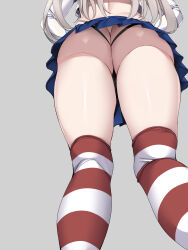 Rule 34 | 1girl, absurdres, ass, ass focus, black panties, blue skirt, butt crack, commentary request, conte di cavour (kancolle), cosplay, elbow gloves, feet out of frame, from below, gloves, grey background, hands on own hips, head out of frame, highres, kantai collection, panties, pleated skirt, shimakaze (kancolle), shimakaze (kancolle) (cosplay), simple background, skirt, solo, striped clothes, striped thighhighs, thighhighs, thong, torisan, underwear, white gloves