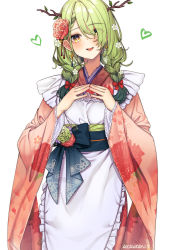 Rule 34 | 1girl, absurdres, akaharuu, antlers, apron, braid, branch, ceres fauna, ceres fauna (new year), floral print, flower, green hair, hair flower, hair ornament, heart, highres, hololive, hololive english, horns, japanese clothes, kimono, looking at viewer, low twintails, maid apron, obi, pink kimono, print kimono, ribbon, sash, smile, solo, twintails, virtual youtuber, yellow eyes