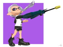 Rule 34 | 1girl, black footwear, black shorts, boots, closed mouth, colored tips, commentary, cross-laced footwear, dolphin shorts, eyelashes, full body, grey hair, grey trim, gun, highres, holding, holding gun, holding weapon, inkling, inkling girl, inkling player character, jet squelcher (splatoon), long hair, looking at viewer, madan game, multicolored hair, nintendo, pointy ears, purple background, purple eyes, purple hair, shorts, simple background, smile, solo, splatoon (series), splatoon 3, standing, tentacle hair, two-tone background, two-tone hair, weapon, white background