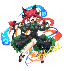 Rule 34 | 1girl, aji082, animal ears, artist name, black bow, black footwear, black ribbon, blue fire, bow, braid, cat ears, cat tail, clenched hands, dress, extra ears, fang, fire, floating skull, footwear bow, ghost, green dress, hitodama, kaenbyou rin, leg ribbon, merchandise, multiple tails, no socks, open mouth, orange eyes, paw pose, puffy sleeves, red eyes, red hair, ribbon, skull, slit pupils, tail, touhou, twin braids, two tails, white background