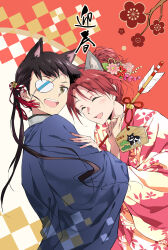 Rule 34 | 2girls, agahari, alternate hairstyle, arrow (projectile), blue kimono, brown eyes, checkered background, closed eyes, commentary, dog tail, ema, eyepatch, flower, hair flower, hair ornament, hair up, hamaya, highres, holding, holding arrow, japanese clothes, kimono, long hair, long sleeves, looking at viewer, looking back, minna-dietlinde wilcke, multiple girls, new year, open mouth, pink kimono, ponytail, print kimono, sakamoto mio, short hair, silhouette demon, smile, standing, tail, translated, wide sleeves, world witches series