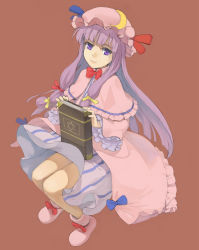 Rule 34 | 1girl, blush, book, boots, bow, breasts, brown background, capelet, cleavage, crescent, crescent moon, dress, female focus, full body, hair bow, hair ribbon, hat, hexagram, highres, kuroko (piii), lips, long hair, looking up, moon, patchouli knowledge, purple eyes, purple hair, ribbon, sidelocks, simple background, sitting, smile, socks, solo, star of david, touhou, very long hair