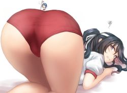 Rule 34 | 2girls, all fours, ass, black hair, blue hair, blush, breasts, buruma, clenched teeth, embarrassed, fairy, fairy (kancolle), flag, giant, giantess, headband, kantai collection, kneeling, looking back, medium breasts, multicolored hair, multiple girls, naganami (kancolle), panties, ponytail, purple eyes, red panties, shirt, short hair, sidelocks, simple background, size difference, solo focus, sportswear, squiggle, standing on person, teeth, underwear, utopia, white background, white headband, white shirt, yamashiro (kancolle)