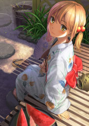 Rule 34 | 1girl, :3, arm at side, arm support, blonde hair, blush, bucket, chinese lantern, chinese lantern (plant), clog sandals, closed mouth, commentary request, eyebrows, fence, fireworks, floral print, flower, food, from above, fruit, full body, geta, grass, hair bobbles, hair ornament, hand fan, holding, holding fan, japanese clothes, kayari buta, kimono, long hair, long sleeves, looking at viewer, looking up, morning glory, morning glory print, nail polish, obi, original, outdoors, paper fan, pink lips, pink nails, platform footwear, porch, revision, rock, sandals, sash, senkou hanabi, shade, shoes, side ponytail, single shoe, sitting, smile, smoke, solo, sparkler, summer, tray, uchiwa, unworn shoes, veranda, watermelon, wide sleeves, yellow eyes, yoropa, yukata, zouri