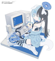 Rule 34 | 1girl, animal ears, animal print, aqua eyes, bare shoulders, black hair, black shirt, black thighhighs, blue hair, blue shirt, blue theme, blue thighhighs, cable, chain, chain leash, chained, coffee, coffee mug, collar, collared shirt, commentary request, commission, computer, constricted pupils, crop top, cropped shirt, crt, cup, dog ears, dog girl, dog print, dog tail, doughnut hair ornament, drinking straw, english text, expressionless, extra ears, faux figurine, food, food-themed hair ornament, food bite, from behind, full body, gauze, hair ornament, highres, holding, holding food, internet explorer, keyboard (computer), leash, light blue hair, logo hair ornament, long hair, long sleeves, looking at viewer, looking back, loose socks, mole, mole under eye, monitor, mug, multicolored hair, no shoes, off shoulder, original, outo eguchi, paper, pill bottle, polka dot, polka dot shirt, ribbed socks, shirt, signature, simple background, sitting, skeb commission, sleeveless, sleeveless shirt, socks, socks over thighhighs, solo, spaghetti strap, speaker, split-color hair, sticky note, strap slip, striped clothes, striped thighhighs, tail, thighhighs, twintails, two-tone hair, wariza, white background, white socks