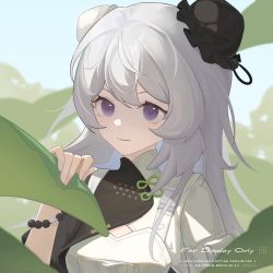 Rule 34 | 1girl, absurdres, arknights, black jacket, blue sky, bun cover, closed mouth, commentary request, day, double bun, eyebrows hidden by hair, grey hair, hair bun, hand up, highres, hmjzora, jacket, long hair, looking at viewer, mulberry (arknights), outdoors, plant, purple eyes, sky, smile, solo, upper body, white jacket