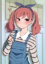 Rule 34 | 10s, 1girl, alternate hairstyle, blush, denim, door, earrings, embarrassed, flat chest, frown, hair ribbon, hair tie, heart, highres, jewelry, looking at viewer, looking away, love live!, love live! school idol project, mashimaru (muzikluva), nail polish, nishikino maki, overalls, polka dot, polka dot ribbon, purple eyes, red hair, red nails, ribbon, short hair, sleeves past wrists, solo, stained glass, striped, stud earrings, suspenders, twintails, unmoving pattern, upper body, wing collar