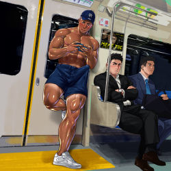 Rule 34 | 3boys, abs, artisticjinsky, bara, baseball cap, black hair, black jacket, black pants, blue shorts, blush, bulge, crossed arms, crossed legs, erection, erection under clothes, facial hair, hat, highres, holding, holding phone, jacket, large pectorals, leg hair, looking at another, looking at phone, multiple boys, muscular, muscular male, navel, nipples, open clothes, open jacket, original, pants, pectorals, phone, salaryman, short hair, shorts, sitting, stubble, thick thighs, thighs, topless male, watch, wristwatch