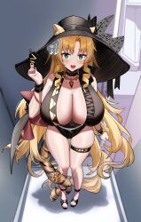 Rule 34 | 1girl, absurdres, animal ears, arknights, blonde hair, breasts, dishui tangni, drill hair, drill sidelocks, green eyes, hat, highres, holding ticket, large breasts, long hair, open mouth, side drill, sidelocks, smile, sweat, swimsuit, swire (arknights), swire the elegant wit (arknights), tail, tail ornament, tail ring, ticket, tiger ears, tiger girl, tiger tail, urinal, very long hair
