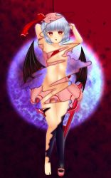 Rule 34 | 1girl, arm behind head, arms up, aura, bat wings, black thighhighs, blue hair, blush, bow, breasts, collarbone, feet, full body, gradient background, groin, hat, hat bow, highres, legs, light particles, looking at viewer, mob cap, nude, parted lips, pink footwear, pink shirt, pink skirt, red background, red eyes, remilia scarlet, shirt, shoes, short hair, short sleeves, shounen (hogehoge), single shoe, skirt, small breasts, solo, spear the gungnir, stain, thighhighs, thighs, touhou, wings, x-ray