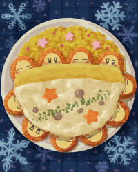 Rule 34 | blush stickers, closed eyes, curry, food, food focus, foodification, highres, kirby (series), kirby cafe, miclot, nintendo, omelet, omurice, plate, sleeping, snowflakes, star (symbol), waddle dee