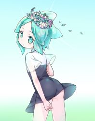 Rule 34 | 1other, amimi, aqua eyes, aqua hair, ass, bare arms, cowboy shot, flower, flower wreath, from behind, gem uniform (houseki no kuni), glint, gluteal fold, head wreath, houseki no kuni, leaf, leaning forward, looking at viewer, looking back, other focus, phosphophyllite, see-through, short hair, short sleeves, solo