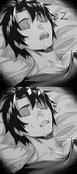 Rule 34 | 1boy, clenched teeth, collarbone, comic, drooling, fate/grand order, fate (series), fujimaru ritsuka (male), greyscale, highres, hxd, lying, male focus, monochrome, no eyes, on back, open mouth, short hair, sleeping, teeth, very short hair, zzz