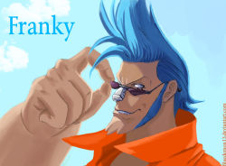 Rule 34 | 1boy, adjusting eyewear, bad source, blue eyes, blue hair, blue sky, bluedemon13, character name, cloud, cyborg, franky (one piece), glasses, male focus, matching hair/eyes, muscular, one piece, open clothes, open shirt, orange shirt, pirate, self-upload, shirt, sideburns, sky, solo, sunglasses
