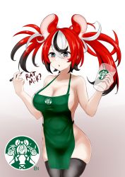 Rule 34 | 1girl, apron, breasts, hakos baelz, highres, hololive, hololive english, large breasts, long hair, multicolored hair, naked apron, starbucks, virtual youtuber