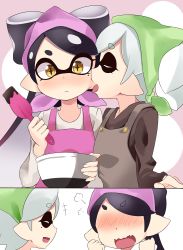 Rule 34 | + +, 2girls, :&lt;, angry, apron, bad id, bad pixiv id, bandana, black hair, blush, brown eyes, callie (splatoon), casual, chocolate, closed eyes, embarrassed, fang, full-face blush, fume, highres, holding, inkling, licking, licking another&#039;s face, long hair, looking at viewer, marie (splatoon), mask, mole, mole under eye, multiple girls, nintendo, no eyes, open mouth, pointy ears, short hair, silver hair, smile, spatula, splatoon (series), splatoon 1, uni mmtab, yuri