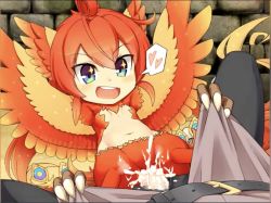 Rule 34 | breasts, claws, cum, game cg, harpy, heart, mon-musu quest!, mon-musu quest: paradox, monster girl, phoenix girl (mon-musu quest!), red hair, sex, small breasts, smile, sparkling eyes, wings