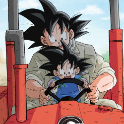 Rule 34 | 10s, 2boys, :d, artist name, black eyes, black hair, child, chinese clothes, dated, day, dragon ball, dragon ball super, dragonball z, driving, father and son, happy, lowres, male focus, multiple boys, open mouth, short hair, sky, smile, son goku, son goten, spiked hair, tractor