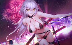 Rule 34 | absurdres, ahoge, bikini, black bikini, black choker, black gloves, breasts, choker, cleavage, cropped jacket, fate/grand order, fate (series), fireworks, gloves, highres, jacket, jeanne d&#039;arc alter (swimsuit berserker) (fate), jeanne d&#039;arc (fate), jeanne d&#039;arc alter (fate), jeanne d&#039;arc alter (swimsuit berserker) (fate), katana, long hair, o-ring, o-ring bikini, o-ring bottom, o-ring top, outdoors, red thighhighs, shadowgrave, single thighhigh, solo, swimsuit, sword, thigh strap, thighhighs, thighs, weapon, yellow eyes