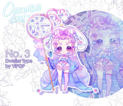 Rule 34 | 1girl, adoptable, animal print, artist name, bare shoulders, blue eyes, blue robe, blue shirt, blue sleeves, bow, bubble skirt, butterfly bow, butterfly print, cancer (constellation), candy, candy hair ornament, chibi, choker, closed mouth, colored skin, commentary, constellation, dream catcher, drill hair, english commentary, english text, eyeshadow, floral background, food, food-themed hair ornament, frilled skirt, frills, gemini (constellation), gradient hair, gradient skin, hair bow, hair ornament, hair rings, helmet, heterochromia, holding, holding staff, konpeitou, leo (constellation), light blush, lipstick, long hair, long sleeves, makeup, miniskirt, multicolored hair, no shoes, original, pink bow, pink choker, pink eyes, pink hair, pink lips, pink skirt, pink thighhighs, projected inset, purple eyeshadow, purple hair, purple skin, robe, robe partially removed, shirt, single barefoot, single thighhigh, skirt, sleeveless, sleeveless shirt, smile, solo, space helmet, staff, star (symbol), star hair ornament, striped clothes, striped thighhighs, taurus (constellation), thighhighs, vertical-striped clothes, vertical-striped thighhighs, very long hair, vipop, watermark, white background, wide sleeves