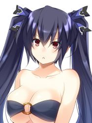Rule 34 | &gt;:(, 1girl, bandeau, bare arms, bare shoulders, bikini, black hair, blue ribbon, breasts, cleavage, collarbone, commentary request, doria (p f dolia), frown, hair between eyes, hair ribbon, large breasts, looking at viewer, neptune (series), noire (neptunia), o-ring, o-ring top, red eyes, ribbon, sidelocks, simple background, solo, strapless, strapless bikini, swimsuit, twintails, upper body, white background