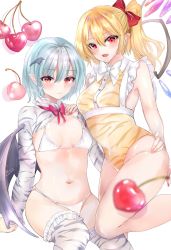 Rule 34 | 2girls, alternate costume, animal print, bat wings, blonde hair, blue hair, blush, bow, bowtie, breasts, buttons, cherry, chinese zodiac, cismlyri, commentary request, covered navel, crystal, eyelashes, fang, feet out of frame, flandre scarlet, food, frilled legwear, frills, fruit, hair ribbon, hand on another&#039;s waist, head wings, highres, light blue hair, long sleeves, medium breasts, multiple girls, nail polish, navel, one side up, open mouth, pointy ears, red bow, red eyes, red nails, red ribbon, remilia scarlet, ribbon, shiny skin, short hair, siblings, sideboob, sidelocks, simple background, sisters, standing, stomach, thighhighs, thighs, tiger print, touhou, white background, white bow, white bowtie, wings, year of the tiger