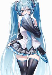 Rule 34 | 1girl, aqua eyes, aqua hair, aqua nails, aqua necktie, bare shoulders, black thighhighs, breasts, clothes lift, contrapposto, covering own mouth, cowboy shot, detached sleeves, double-parted bangs, grey shirt, hair between eyes, hatsune miku, headphones, highres, lace, lace-trimmed shirt, lace trim, layered skirt, long hair, looking at viewer, medium breasts, miniskirt, necktie, pecchii, pleated skirt, see-through, see-through sleeves, shiny clothes, shirt, signature, simple background, skindentation, skirt, skirt hold, skirt lift, sleeveless, sleeveless shirt, solo, straight-on, swept bangs, thighhighs, twintails, very long hair, vocaloid, white background, wide hips, wide sleeves, zettai ryouiki