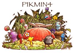 Rule 34 | :&lt;, black eyes, blue eyes, blue pikmin, bud, commentary request, copyright name, dated, facing away, flower, glow pikmin, grass, highres, ice pikmin, leaf, mushroom, nintendo, no humans, open mouth, pikmin (creature), pikmin (series), pikmin 4, pink flower, plant, purple pikmin, red eyes, red pikmin, rock pikmin, signature, simple background, standing, triangle mouth, white background, white flower, white pikmin, winged pikmin, wings, yamato koara, yellow flower, yellow pikmin