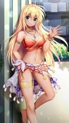 Rule 34 | 1girl, barefoot, bikini, blonde hair, bracelet, breasts, cleavage, closed mouth, covered erect nipples, dark-skinned female, dark skin, day, doukyuusei another world, game cg, hair between eyes, jewelry, kakyuusei, lens flare, long hair, medium breasts, navel, necklace, official art, outdoors, red bikini, sarong, smile, solo, sparkle, standing, straight hair, strapless, strapless bikini, sunlight, swimsuit, thighlet, tina (kakyuusei), very long hair