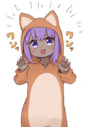 Rule 34 | 1girl, :d, animal costume, animal ears, animal hood, blush, claw pose, collarbone, dark-skinned female, dark skin, emphasis lines, fake animal ears, fate/prototype, fate/prototype: fragments of blue and silver, fate (series), fox costume, fox ears, fox hood, hair between eyes, hands up, hassan of serenity (fate), hood, hood up, i.u.y, looking at viewer, open mouth, purple eyes, purple hair, sidelocks, simple background, smile, solo, v-shaped eyebrows, white background