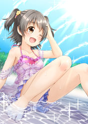 Rule 34 | 1girl, ;d, akagi miria, arm up, bare arms, bare shoulders, barefoot, black hair, blue shorts, camisole, collarbone, commentary request, crop top, feet, fingernails, floral print, flower, frills, hair flower, hair ornament, halterneck, hand on own head, highres, idolmaster, idolmaster cinderella girls, one eye closed, open mouth, pink camisole, regular mow, see-through, shallow water, short shorts, shorts, sidelocks, sitting, sleeveless, smile, solo, sparkle, toenails, toes, two side up, water, wet