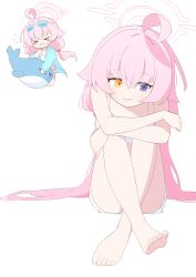 Rule 34 | 1girl, absurdres, ahoge, bare arms, bare shoulders, barefoot, bikini, blue archive, blue eyes, chibi, closed eyes, feet, hagoonha, halo, heterochromia, highres, hood, hoodie, hoshino (blue archive), hoshino (swimsuit) (blue archive), open mouth, simple background, sweatdrop, swimsuit, toes, whale, white background, white bikini, yellow eyes