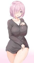 Rule 34 | 1girl, alternate costume, black panties, blush, breasts, collarbone, fate/grand order, fate (series), gradient background, grey sweater, hair over one eye, highres, large breasts, long sleeves, looking at viewer, mash kyrielight, no pants, panties, parted lips, pink background, pink hair, purple eyes, saku (kudrove), short hair, simple background, solo, sweater, underwear, upper body, white background