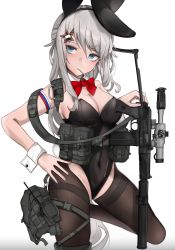 Rule 34 | 1girl, 9a-91, 9a-91 (girls&#039; frontline), absurdres, alternate costume, animal ears, assault rifle, belt, black leotard, black pantyhose, blue eyes, bow, bowtie, breasts, cleavage, covered navel, detached collar, fake animal ears, fake tail, fte (fifteen 199), girls&#039; frontline, gun, hair ornament, hand on own hip, highres, large breasts, leotard, long hair, looking at viewer, pantyhose, playboy bunny, rabbit ears, rabbit tail, red bow, red bowtie, rifle, scope, silver hair, simple background, solo, star (symbol), star hair ornament, strapless, strapless leotard, tactical playboy bunny, tail, thighband pantyhose, utility belt, weapon, white background, wrist cuffs