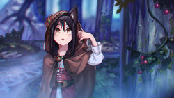 1girl animal_ears bad_id bad_pixiv_id black_hair brown_eyes chromatic_aberration cloak female_focus highres hood hooded_cloak mimitoke original short_hair solo