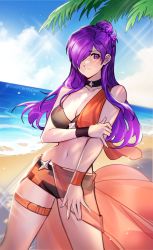 Rule 34 | 1girl, absurdres, adapted costume, bare arms, bare shoulders, beach, bikini, black bikini, black choker, blue sky, breasts, choker, cleavage, cloud, collarbone, commentary, commission, cowboy shot, day, female focus, fire emblem, fire emblem: three houses, fire emblem warriors: three hopes, hair bun, hair over one eye, highres, large breasts, long hair, looking at viewer, matching hair/eyes, navel, nintendo, ocean, outdoors, pixiv commission, purple eyes, purple hair, sarong, shez (female) (fire emblem), shez (fire emblem), silvercandy gum, sky, solo, standing, stomach, swimsuit, thigh strap, thighs, twitter username, water, wristband
