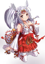 Rule 34 | 1girl, animal ears, bell, blush, breasts, centaur, chaki-yam, cleavage, detached sleeves, hip vent, horse ears, japanese clothes, jingle bell, long hair, long sleeves, miko, monster girl, original, red eyes, ribbon trim, silver hair, smile, solo, tail, taur, thighhighs, white thighhighs, wide sleeves