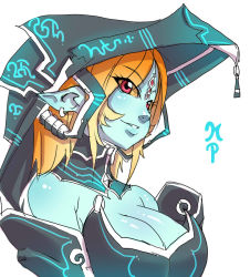 Rule 34 | 1girl, alternate costume, alternate hair length, alternate hairstyle, blue skin, breasts, cleavage, colored sclera, colored skin, earrings, forehead jewel, hat, jewelry, large breasts, maniacpaint, midna, midna (true), nintendo, aged up, orange hair, pointy ears, red eyes, short hair, smile, solo, spoilers, the legend of zelda, the legend of zelda: twilight princess, yellow sclera