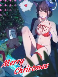 Rule 34 | 1girl, animal ears, barefoot, bikini, black hair, blue archive, blush, breasts, cat ears, christmas tree, cleavage, collarbone, colored inner hair, doodle sensei (blue archive), extra ears, finger to mouth, halo, heart, highres, indoors, kazusa (blue archive), knee up, medium breasts, merry christmas, multicolored hair, navel, pink hair, red bikini, santa bikini, sensei (blue archive), shiwa (jired1234), short hair, sitting, spoken heart, stuffed animal, stuffed toy, swimsuit, teddy bear, thigh strap